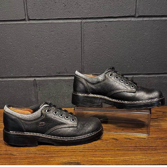 Vintage Skechers Y2K 90s Jammers Women’s Sz 10 Black Leather Chunky Oxford Shoes - Picture 2 of 8